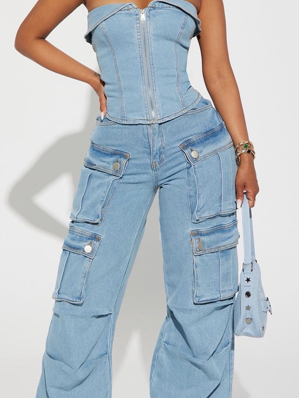 Missguided Light Blue Wide-Leg Cargo Denim Jeans